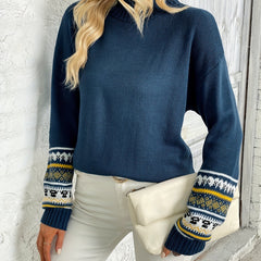 Graphic Print Mock Neck Pullover Sweater Long Sleeve for Fall & Winter