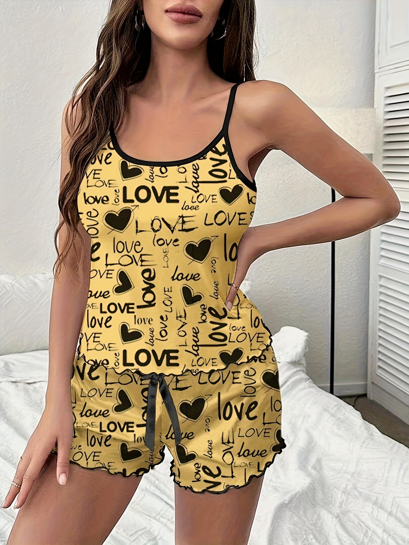 Letter Print Pajama Set Crew Neck Cami Top & Shorts