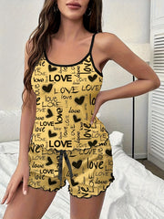Letter Print Pajama Set Crew Neck Cami Top & Shorts