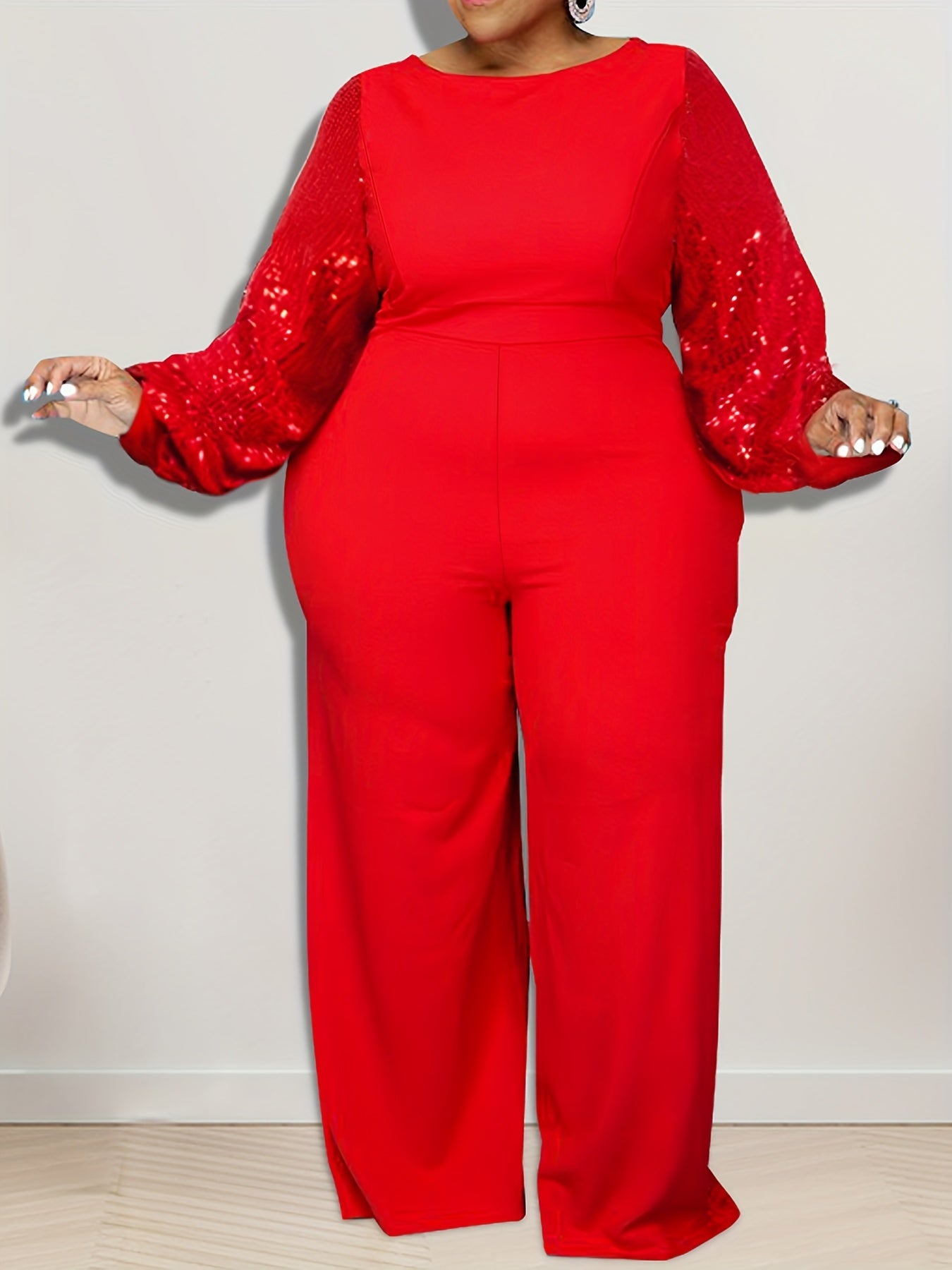 Contrast Sequin Sleeve Wide Leg Jumpsuit Plus Size High Stretch Party Jumpsuit