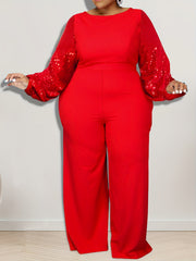 Contrast Sequin Sleeve Wide Leg Jumpsuit Plus Size High Stretch Party Jumpsuit
