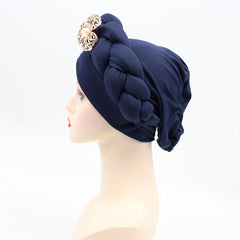 Oversized Braided Turban Cap Faux Pearl Flower Decor Head Wrap