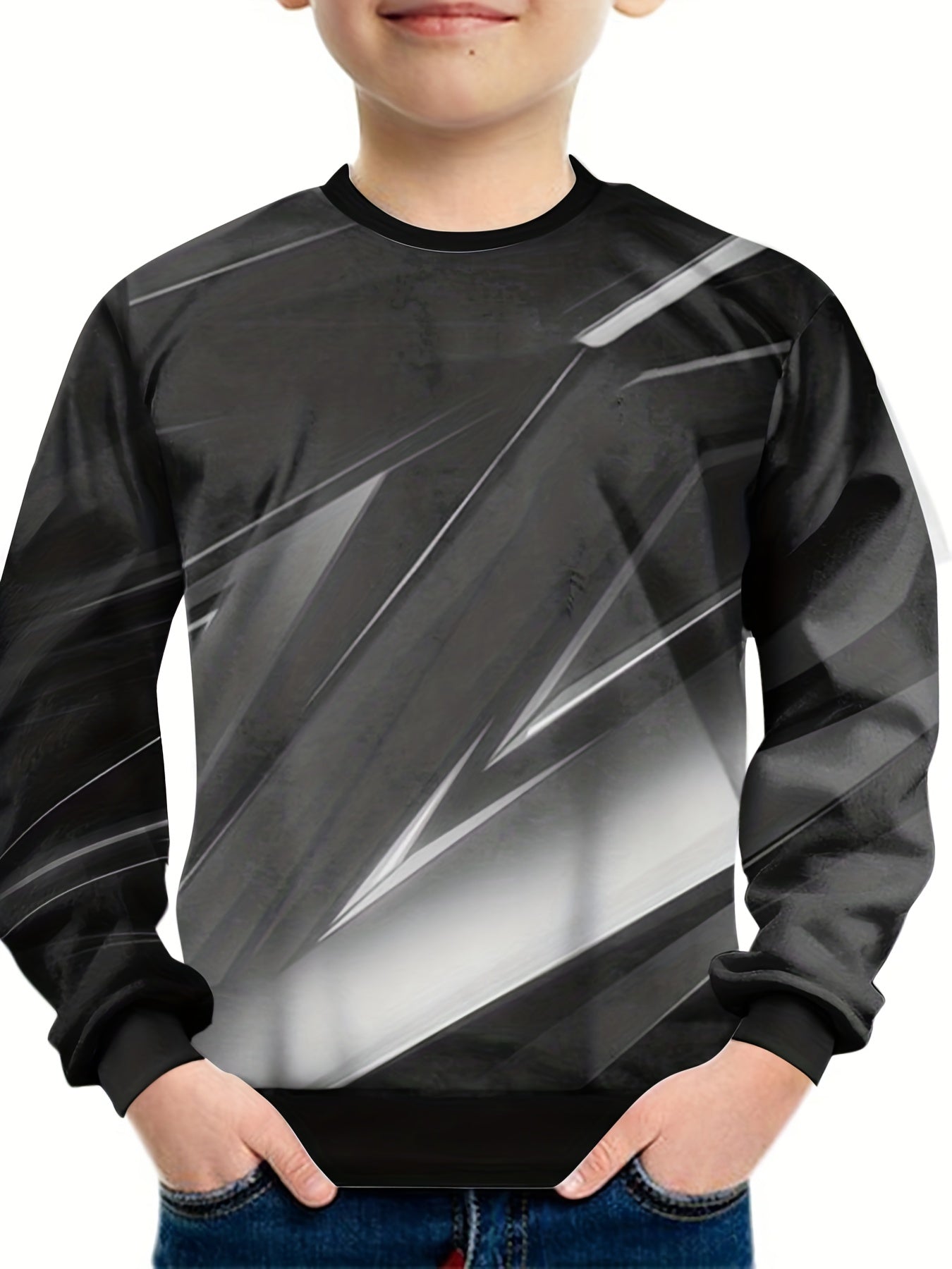 Gray Digital Pattern Sweatshirt For Kids Long Sleeve Top