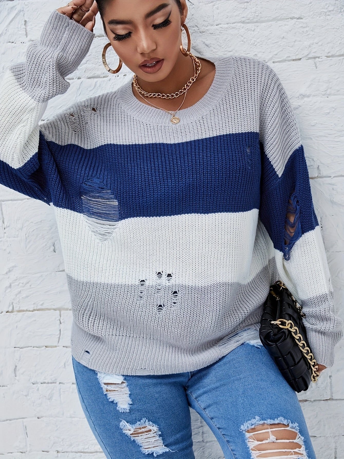 Casual Sweater Women's Plus Colorblock Ripped Drop Shoulder Sweater