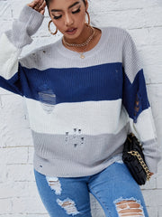 Casual Sweater Women's Plus Colorblock Ripped Drop Shoulder Sweater