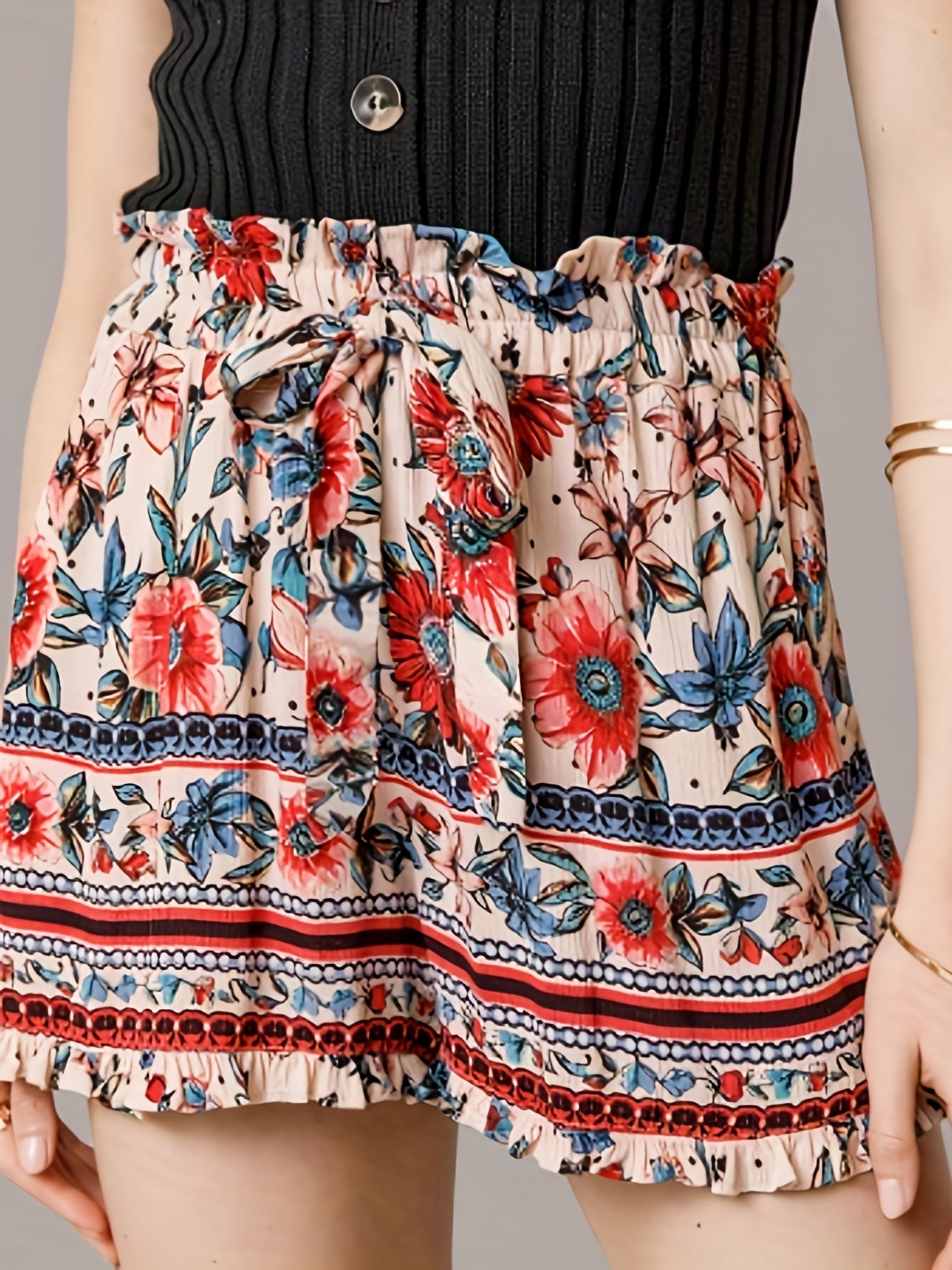Boho Shorts Women's Plus Floral Print High Rise Waist Band