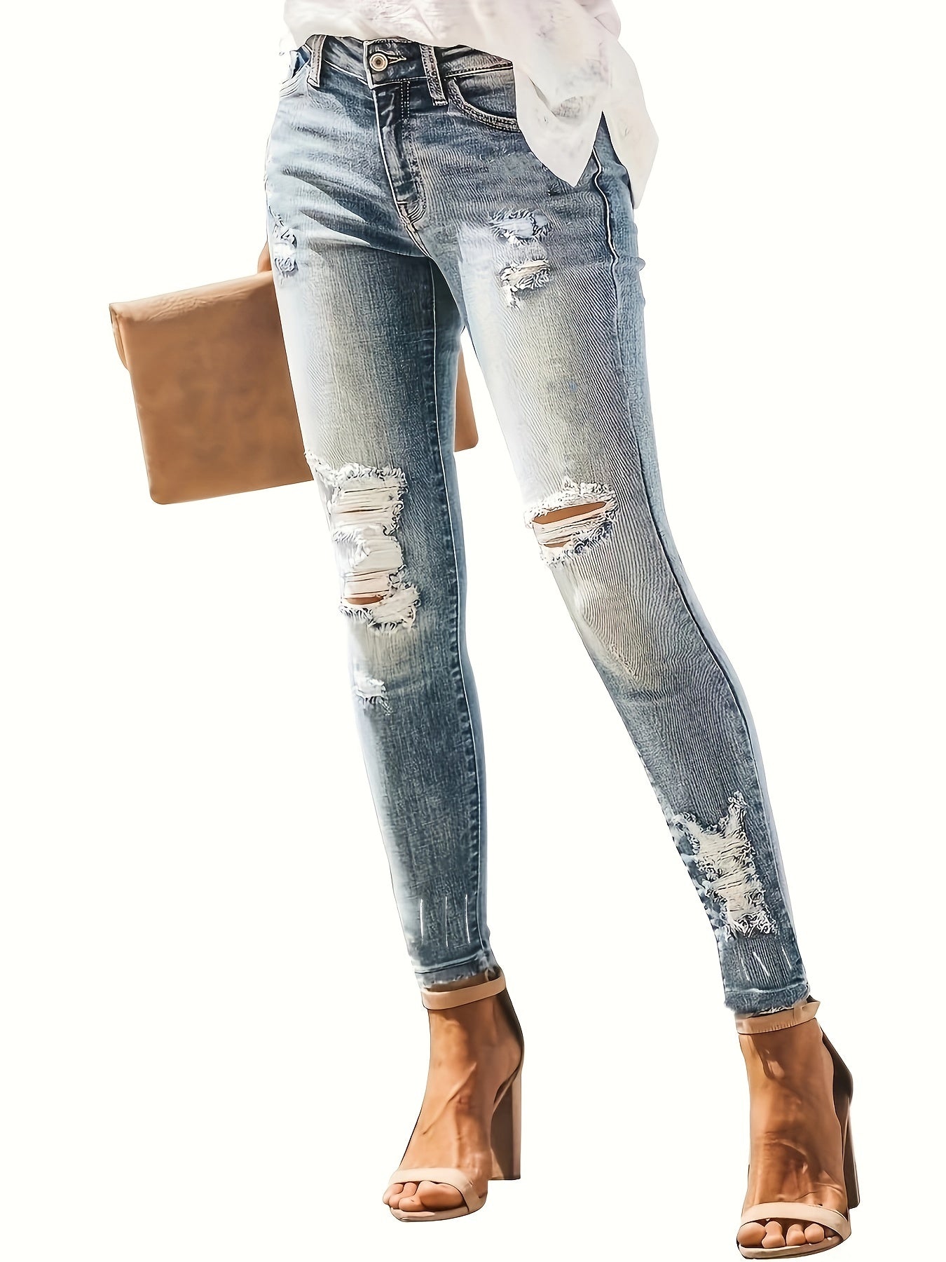 Ripped Skinny Jeans Slim Fit Distressed Slash Pockets Stretchy Denim