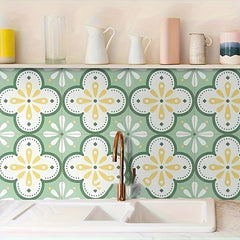 10pcs Green Flower Pattern Peel And Stick Floor Tile