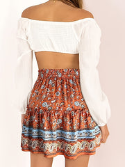 Boho Floral Print Pleated Skirt High Waist Elastic Waistband