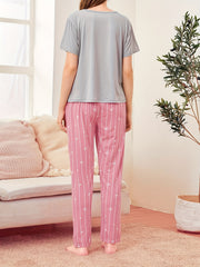 Heart Print Pajama Set Short Sleeve Crew Neck Top & Elastic Waistband Pants