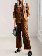 Solid Long Sleeve Button Up Ribbed Knit Cardigan & Pants 2 Piece Set