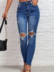 Ripped Knee Cut Skinny Jeans High Rise Distressed Denim Pants