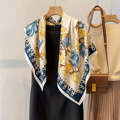 Magnolia Print Silk Satin Square Scarf Head Wrap Sunscreen Travel Beach Towel