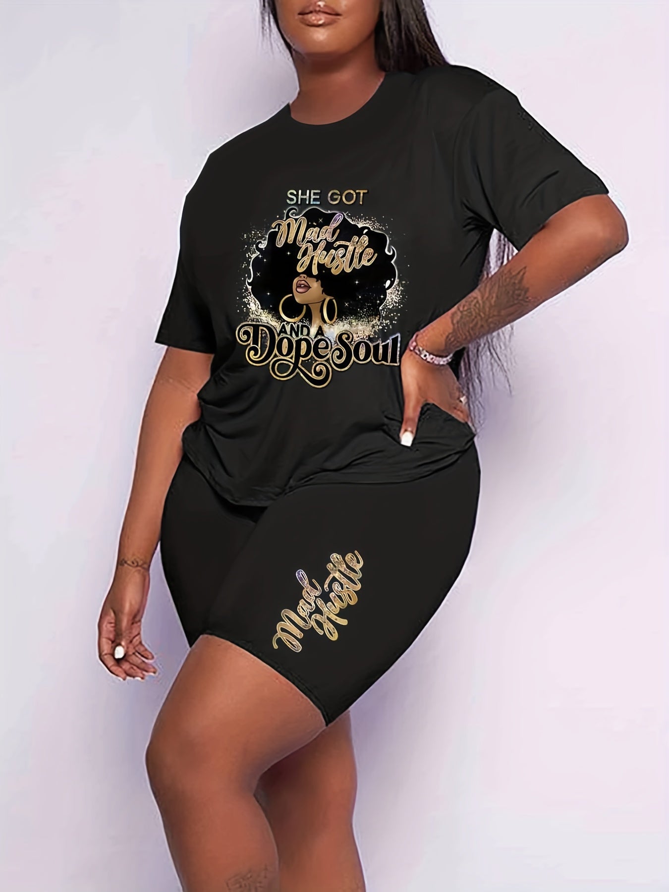 Casual Outfits Set Women's Plus Slogan & Figure Print 2 Piece Set