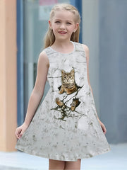 Girl's 3D Cat Print Dress - Summer Outfit