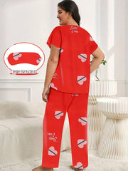 Heart Print Satin Pajama Set with Eye Mask
