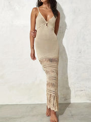 Knit Tassel Hollow Out Cover Up Crochet Eyelet Beachwear