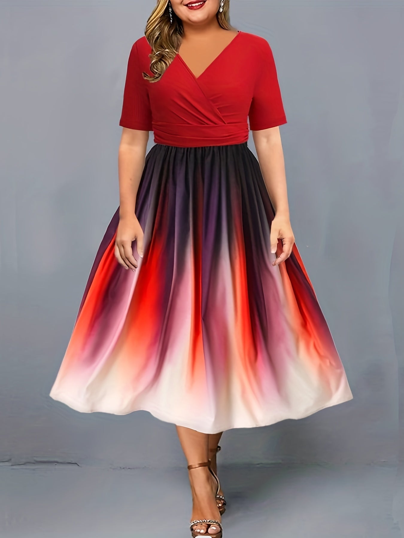 Ombre Print Surplice Neck Ruched Dress
