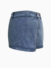 High Rise Denim Skort Elastic Button Decor