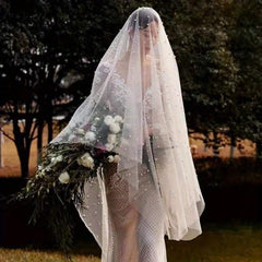 Tulle Bridal Veil with Beads Long Train for Weddings & Events