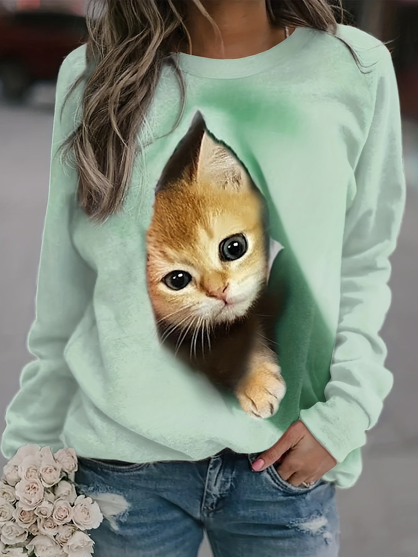 Cat Print Pullover Sweatshirt Long Sleeve Crew Neck Sweatshirt