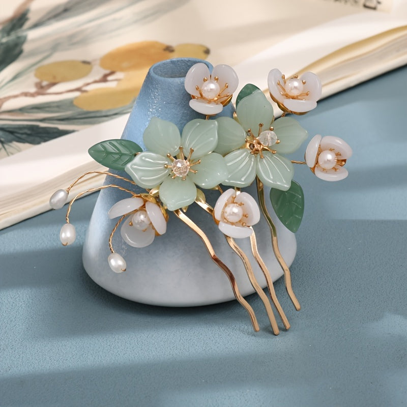 Jade Flower Hair Pins Girls Hair Stick Retro Chignon Pin Hair Accessories Green