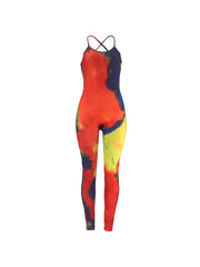 Tie Dye Spaghetti Jumpsuit Backless Stretchy Womens Clothing