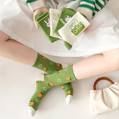 5 Pairs Bunny & Carrot Print Socks Women's Mid Tube Stockings