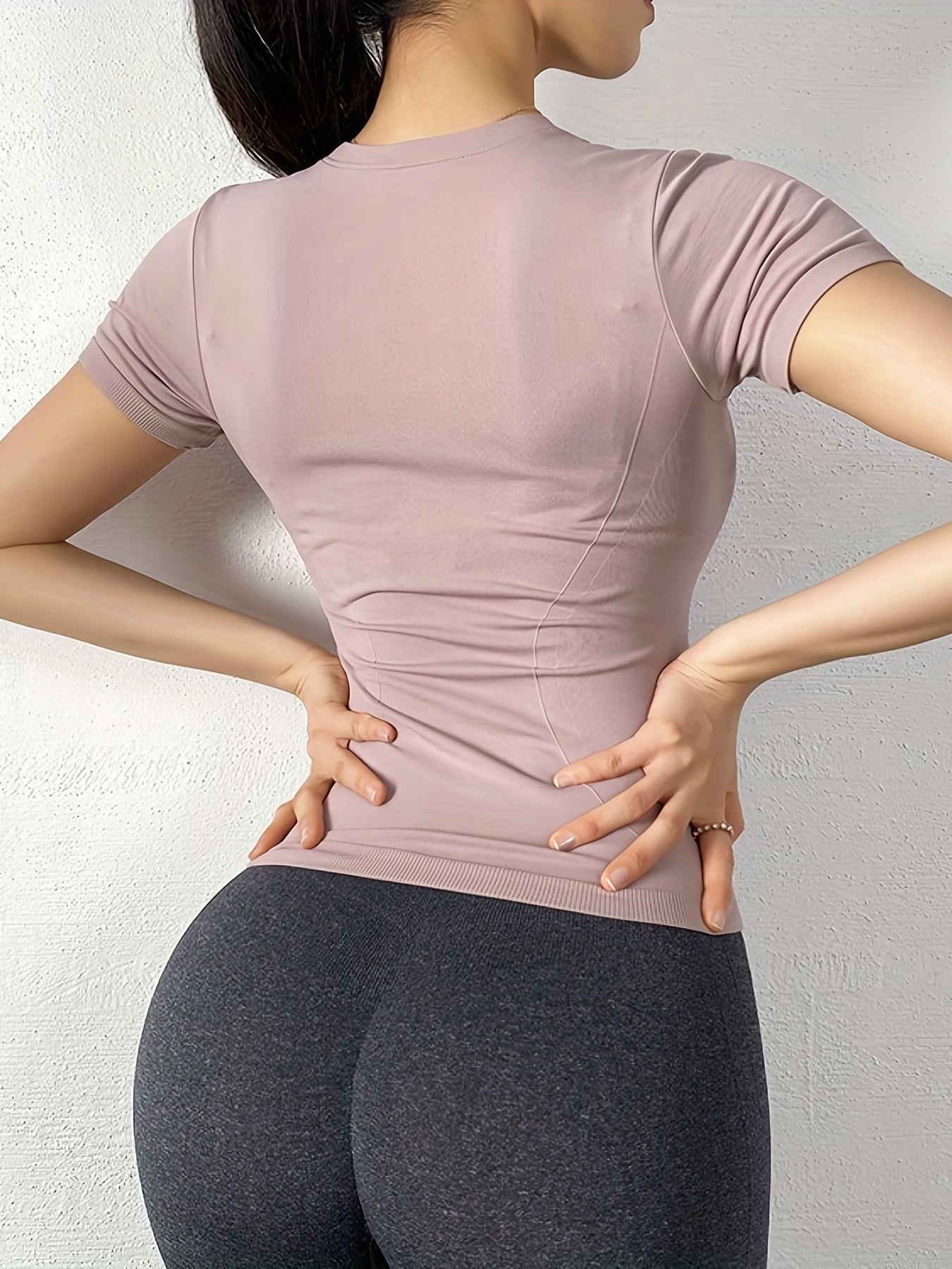 Solid Crew Neck Short Sleeve Yoga Top Quick Drying Fitness T-shirt Women