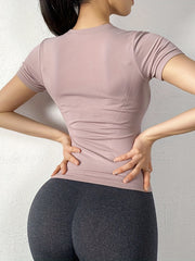Solid Crew Neck Short Sleeve Yoga Top Quick Drying Fitness T-shirt Women