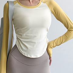 Pleated Sports Tee Long Sleeve Asymmetrical Running T Shirt