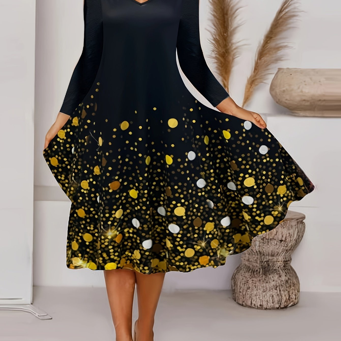 Women's Plus Glitter Sequin Print Long Sleeve V Neck Tee Dress
