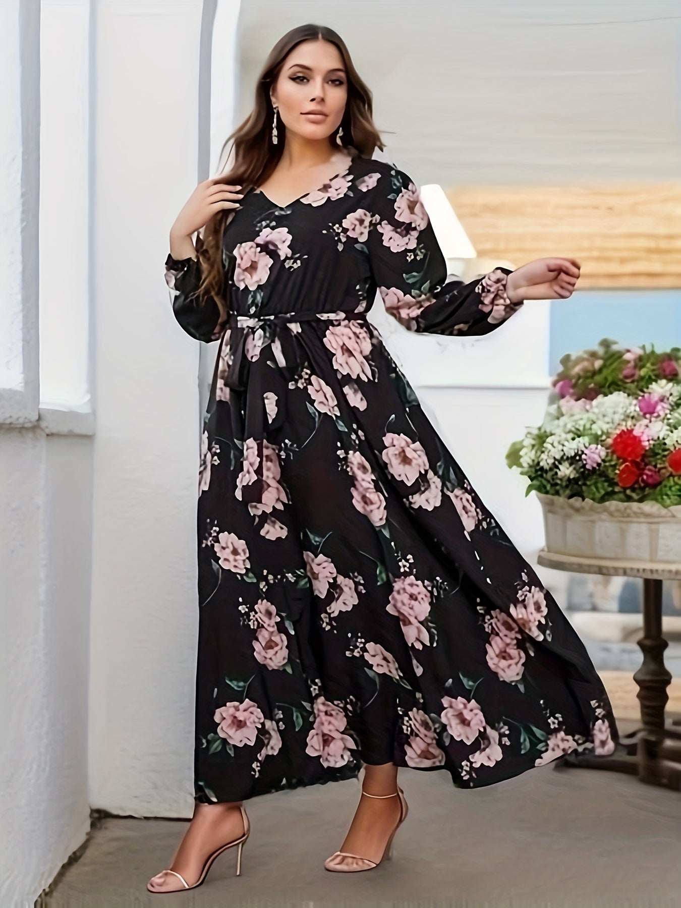 Women's Plus Floral Maxi Dress Long Sleeve V Neck Belt