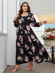 Women's Plus Floral Maxi Dress Long Sleeve V Neck Belt