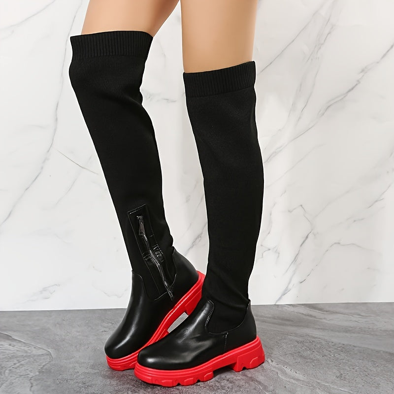 Women's Over The Knee Stretch Boots Comfortable Platform Side Zipper Boots