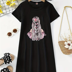 Girls Cartoon Figure Graphic Crew Neck Casual T Shirts Dress