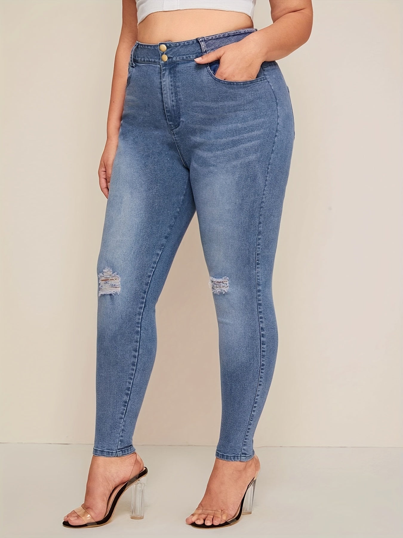 Washed Ripped Button Fly Skinny Denim Trousers