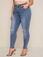 Washed Ripped Button Fly Skinny Denim Trousers