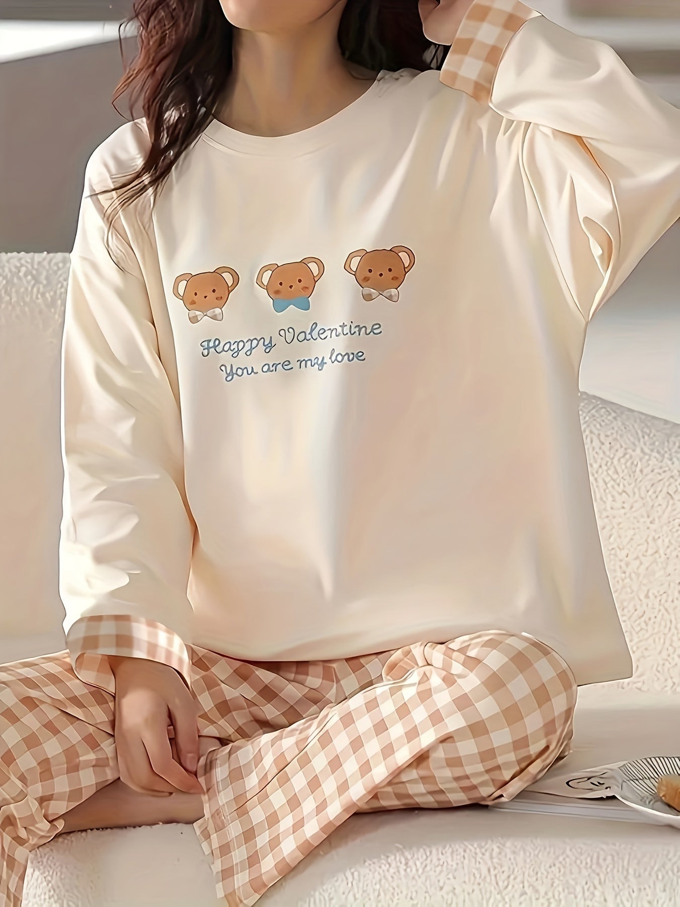 Bear Print Pajama Set Long Sleeve Top & Plaid Pants Women's Sleepwear