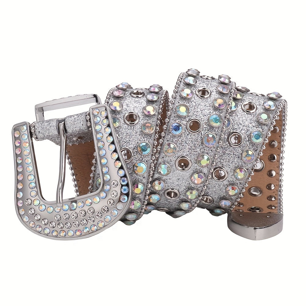 Sparkle Rhinestone Punk Western Studded Belts Women PU Leather Jeans