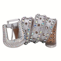Sparkle Rhinestone Punk Western Studded Belts Women PU Leather Jeans