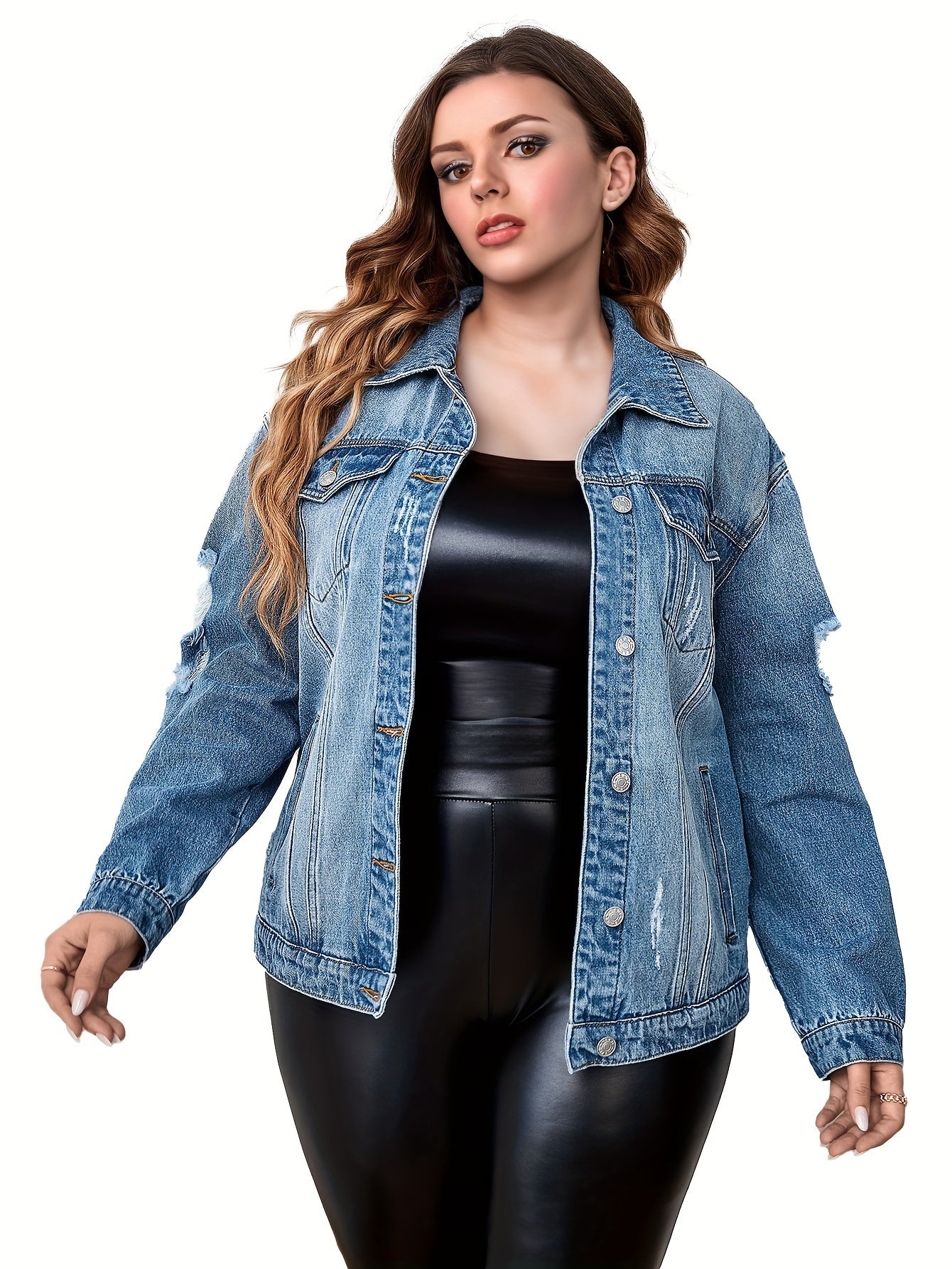 Casual Denim Top Women's Plus Washed Long Sleeve Button Up Jacket