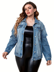 Casual Denim Top Women's Plus Washed Long Sleeve Button Up Jacket