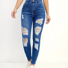High Waist Skinny Jeans Solid Distressed Denim Pants