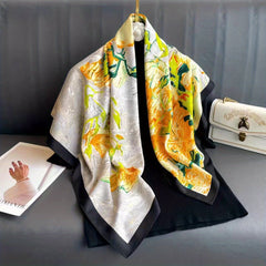 Flower Print Square Scarf Oil Painting Silk Shawl Women Head Wrap Satin