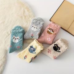 5 Pairs Cute Cat Print Fuzzy Socks for Women