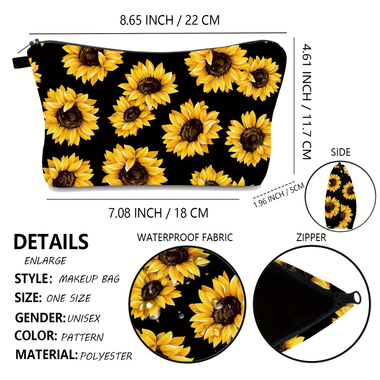 Sunflower Pattern Cosmetic Bag, Waterproof & Durable, Gift