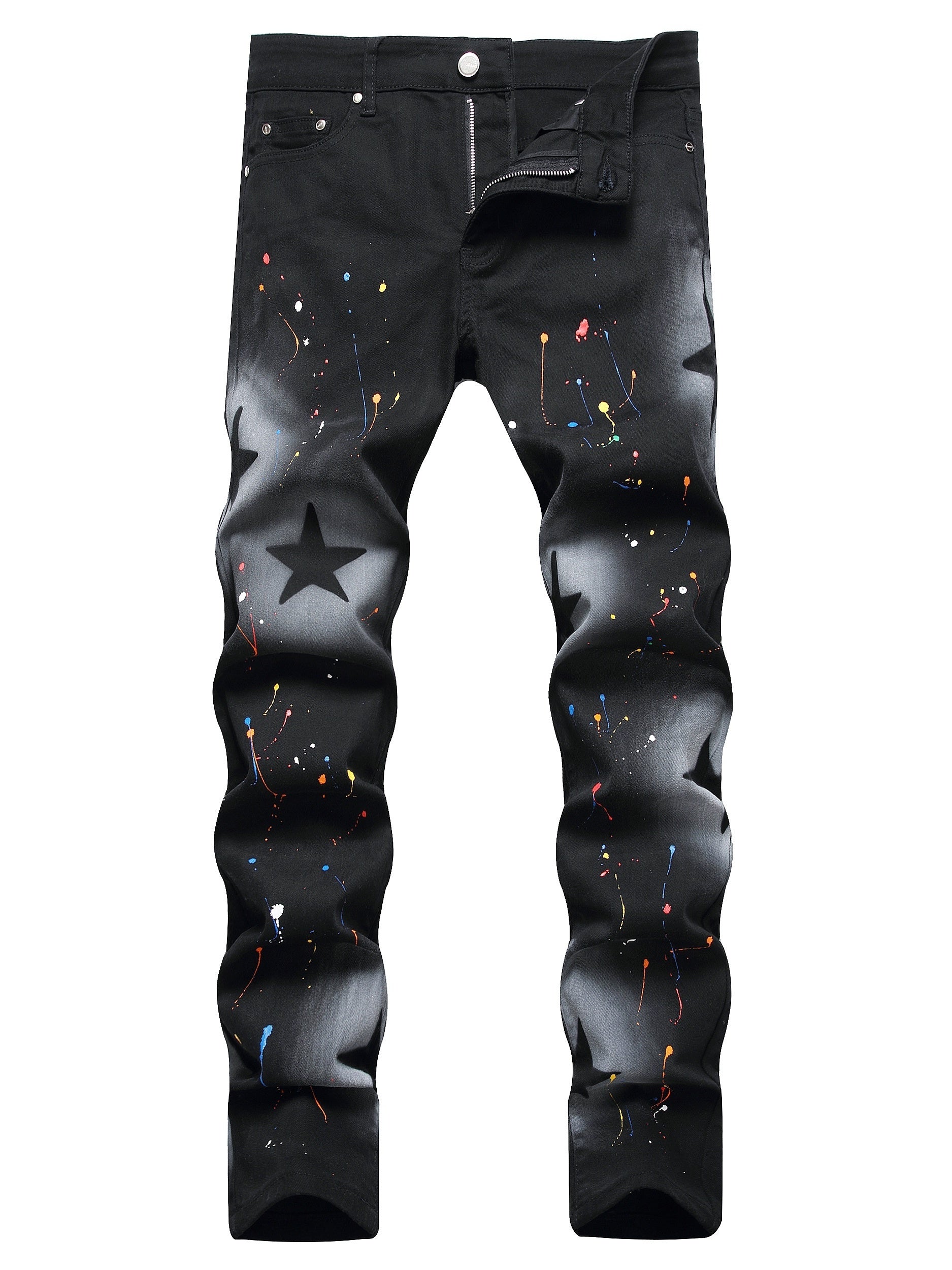 Y2k Star Pattern Spray Painted Slim Fit Jeans Men's Casual Street Style