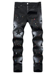 Y2k Star Pattern Spray Painted Slim Fit Jeans Men's Casual Street Style