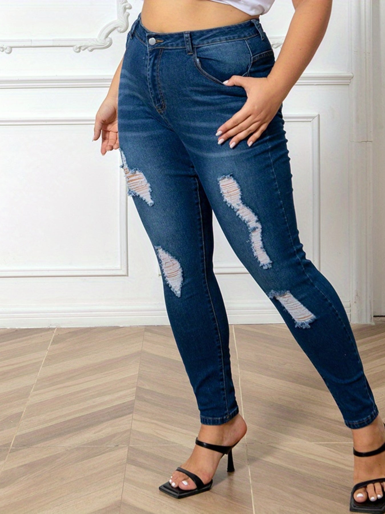 Casual Jeans Women's Plus High Rise Ripped Stretch Jeans